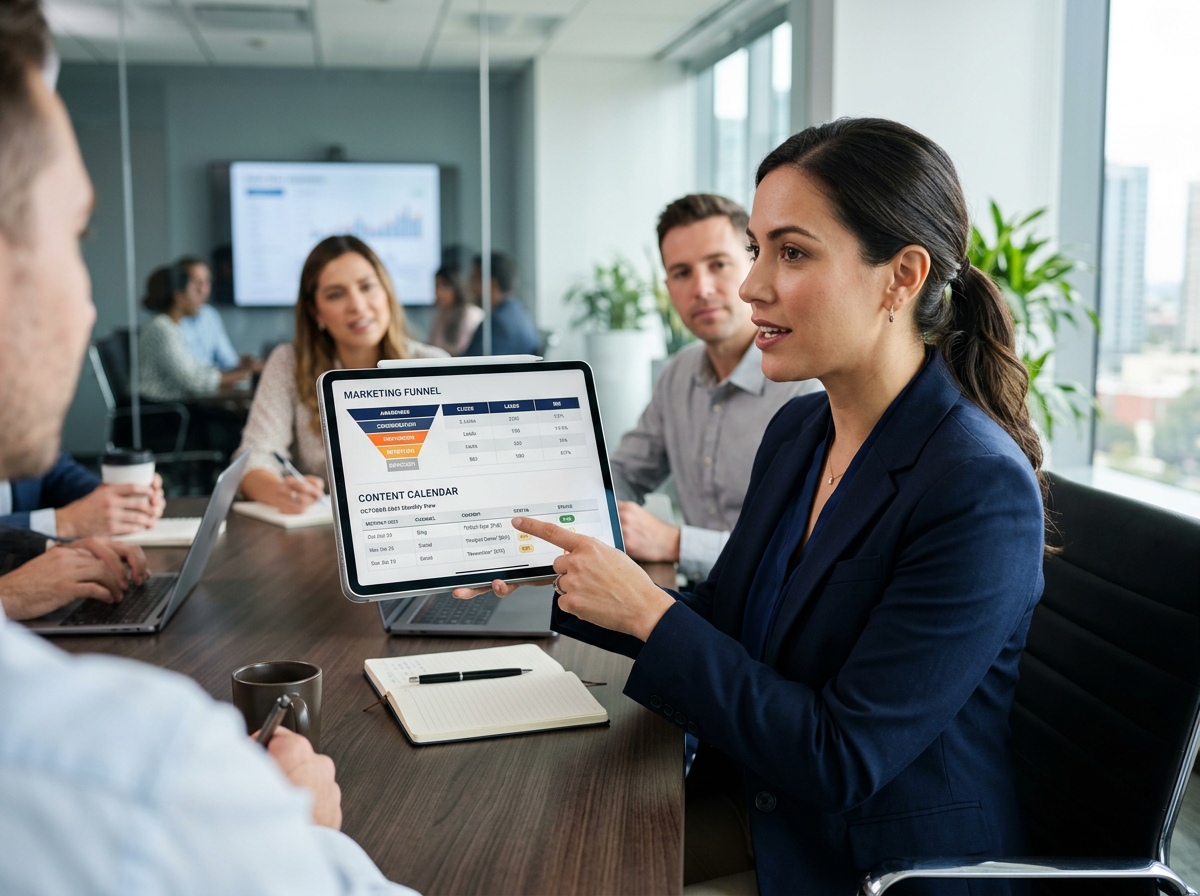 Marketing funnel and content calendar reviewed during a client strategy meeting