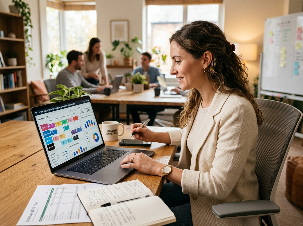 Professional reviewing a social media content calendar and analytics